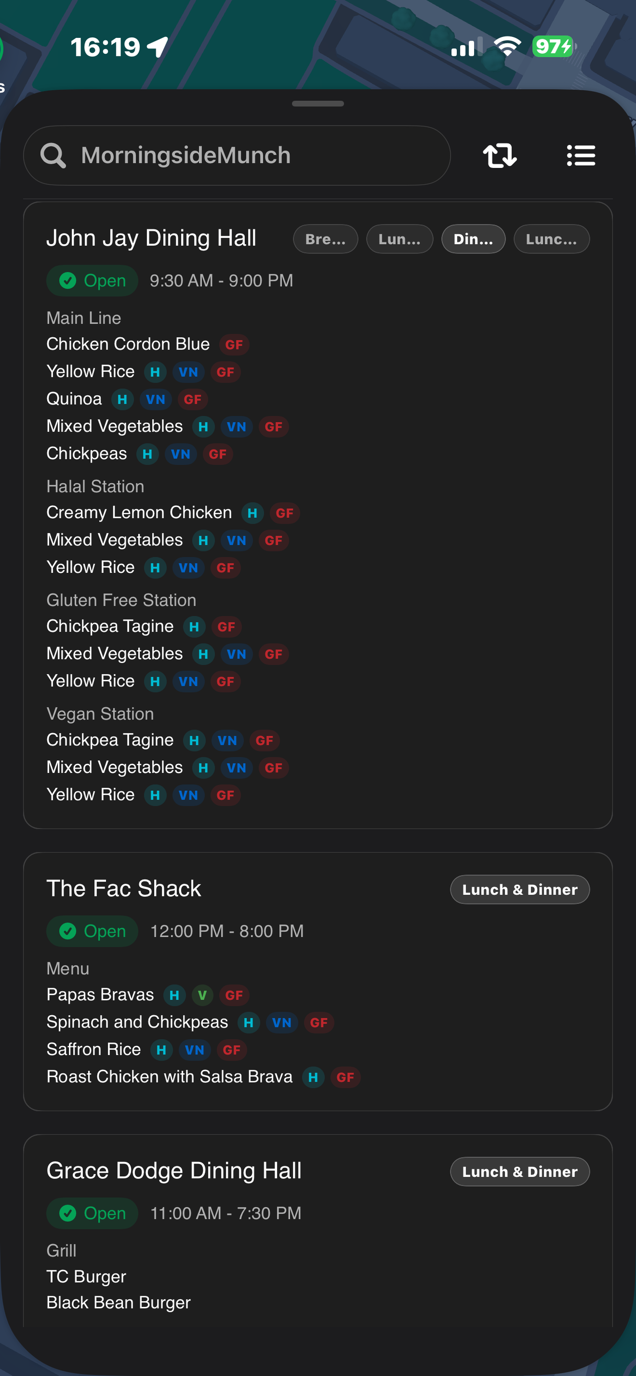 View all halls and items in a clean card UI